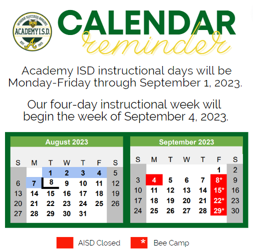  Calendar reminders, school on Fridays through September 1.